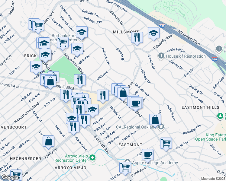 map of restaurants, bars, coffee shops, grocery stores, and more near 7200 MacArthur Boulevard in Oakland