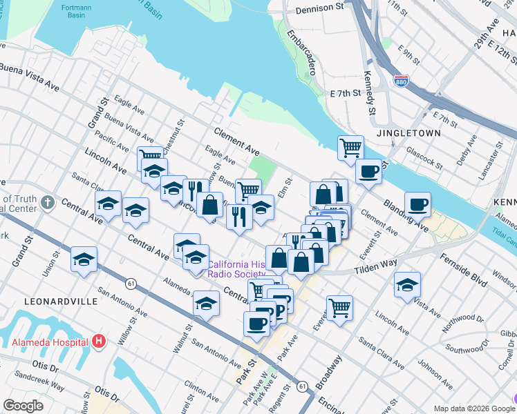 map of restaurants, bars, coffee shops, grocery stores, and more near 1720 Walnut Street in Alameda