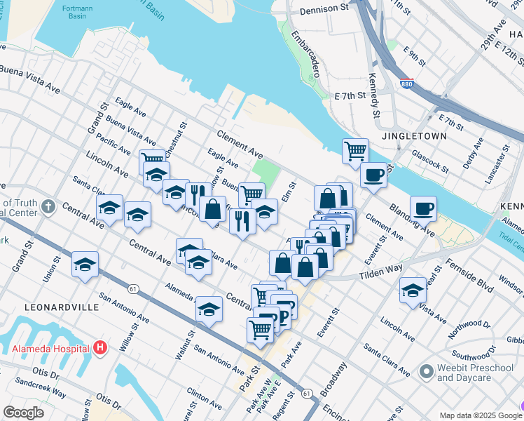 map of restaurants, bars, coffee shops, grocery stores, and more near 1720 Walnut Street in Alameda