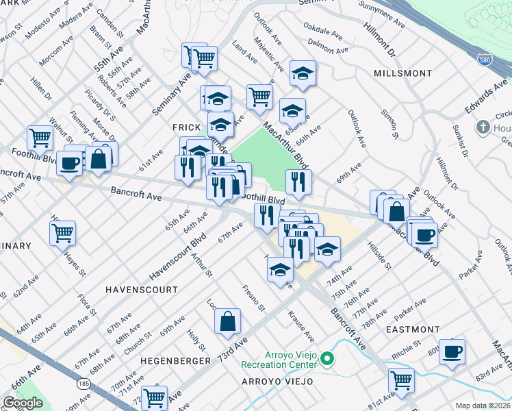 map of restaurants, bars, coffee shops, grocery stores, and more near 2830 67th Avenue in Oakland
