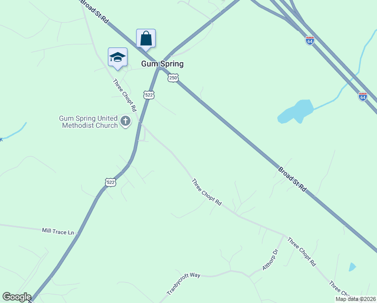 map of restaurants, bars, coffee shops, grocery stores, and more near 3170 Three Chopt Road in Gum Spring