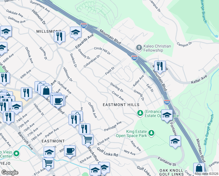 map of restaurants, bars, coffee shops, grocery stores, and more near 7807 Sterling Drive in Oakland