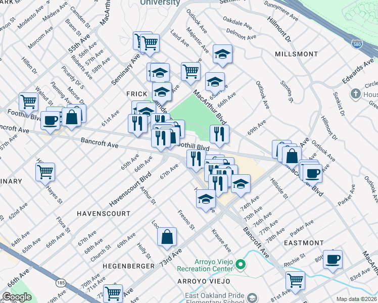 map of restaurants, bars, coffee shops, grocery stores, and more near 2830 67th Avenue in Oakland