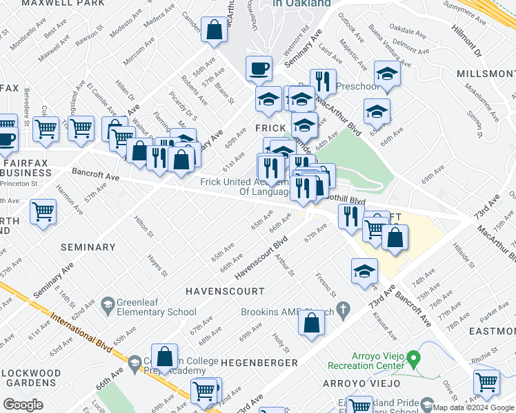 map of restaurants, bars, coffee shops, grocery stores, and more near 2641 64th Avenue in Oakland