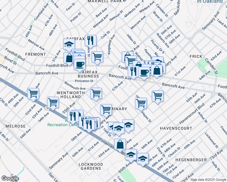map of restaurants, bars, coffee shops, grocery stores, and more near 2120 57th Avenue in Oakland