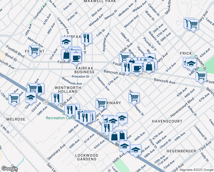 map of restaurants, bars, coffee shops, grocery stores, and more near 2120 57th Avenue in Oakland