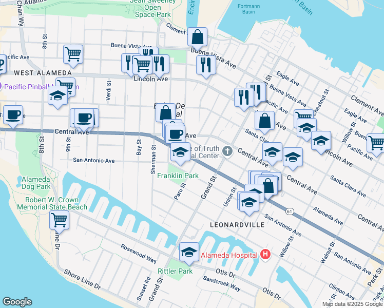 map of restaurants, bars, coffee shops, grocery stores, and more near 1519 Encinal Avenue in Alameda