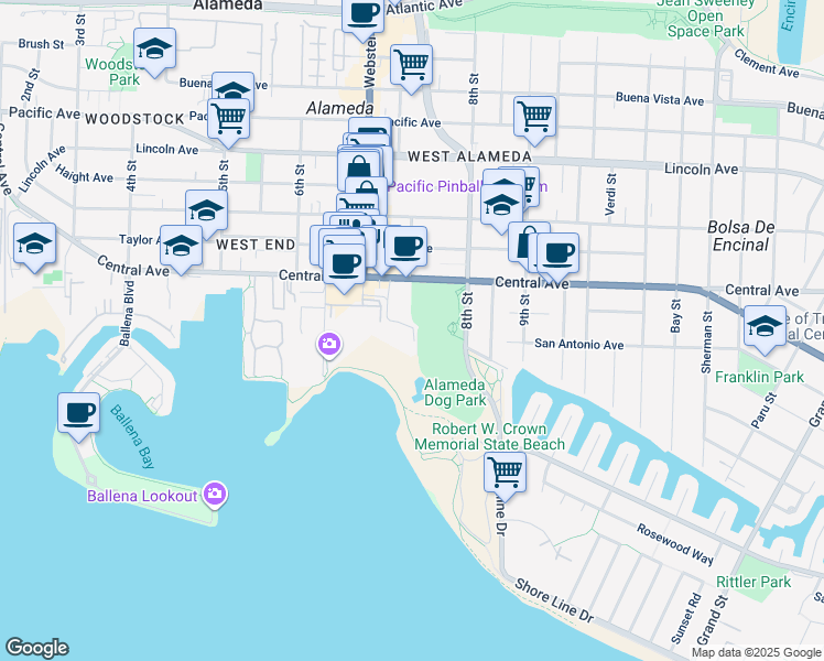 map of restaurants, bars, coffee shops, grocery stores, and more near 170 Crolls Garden Court in Alameda