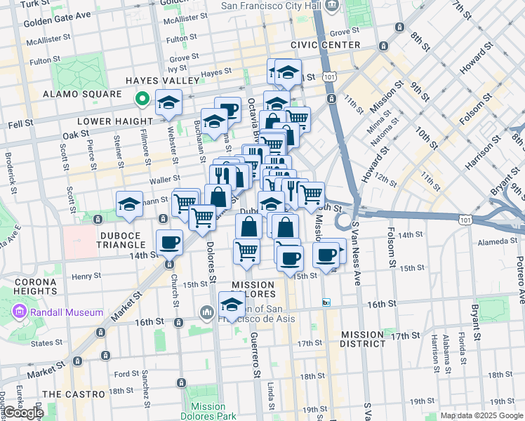 map of restaurants, bars, coffee shops, grocery stores, and more near in San Francisco