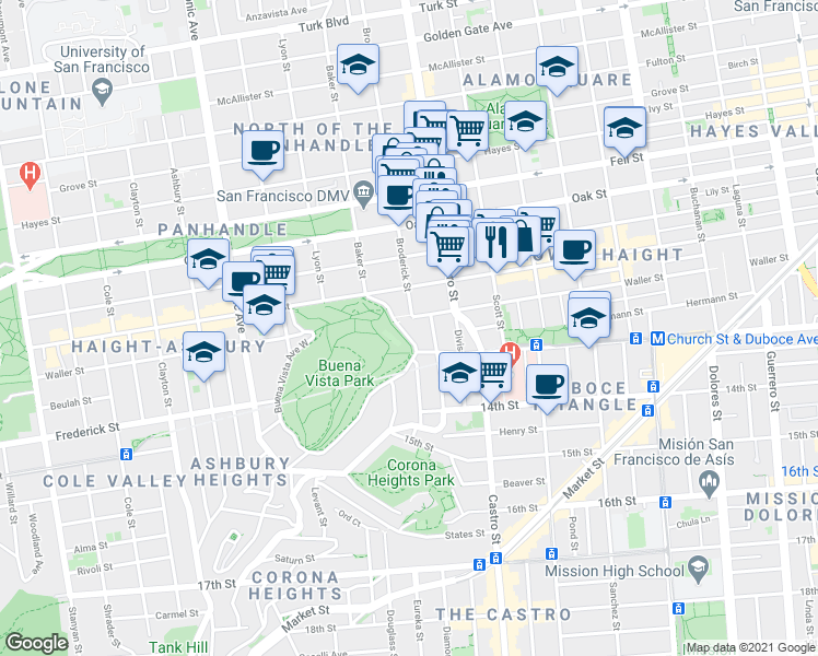 map of restaurants, bars, coffee shops, grocery stores, and more near 101 Buena Vista Avenue East in San Francisco