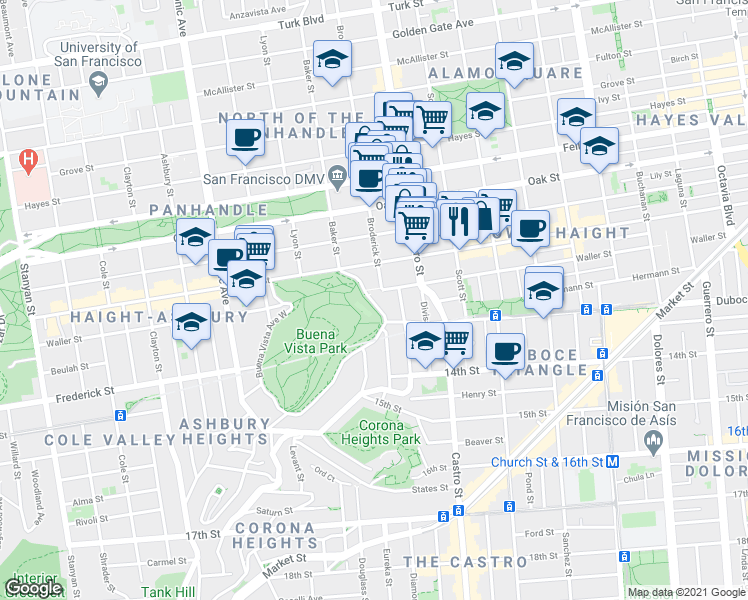 map of restaurants, bars, coffee shops, grocery stores, and more near 101 Buena Vista Avenue East in San Francisco