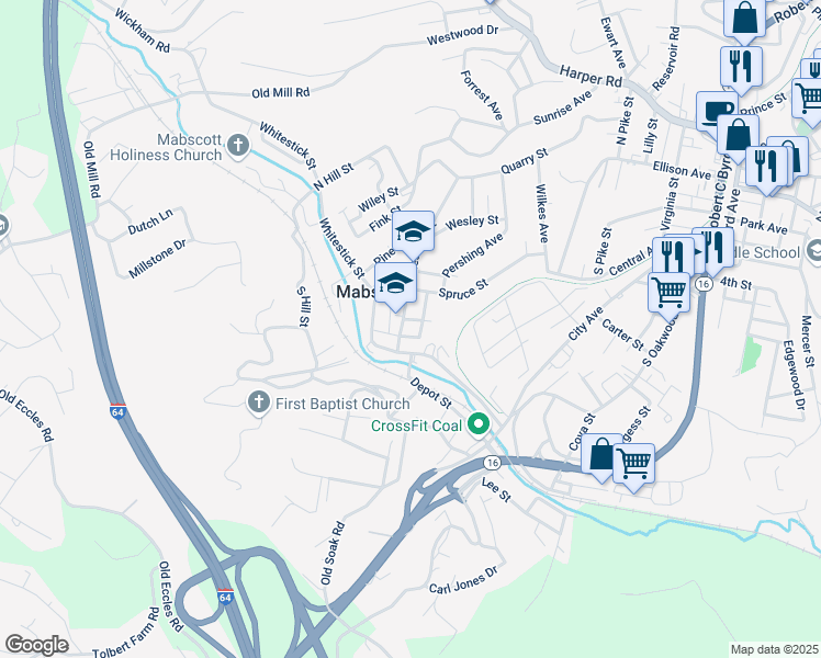 map of restaurants, bars, coffee shops, grocery stores, and more near 112 Oak Street in Mabscott