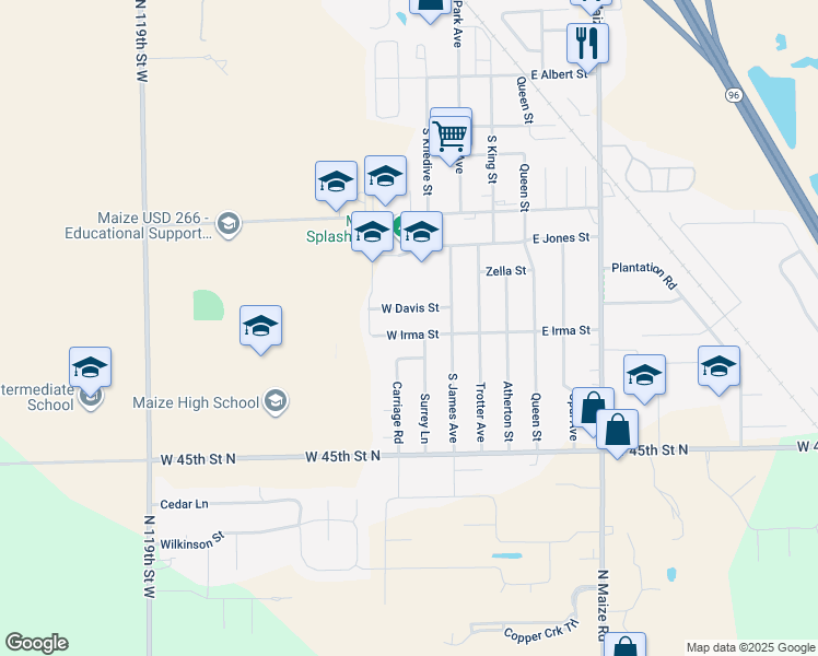 map of restaurants, bars, coffee shops, grocery stores, and more near 420 West Irma Street in Maize