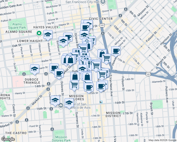 map of restaurants, bars, coffee shops, grocery stores, and more near in San Francisco