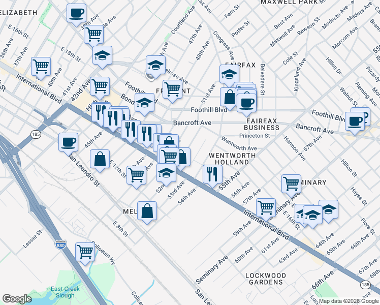 map of restaurants, bars, coffee shops, grocery stores, and more near 1506 52nd Avenue in Oakland