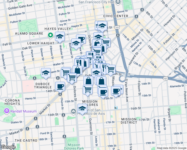 map of restaurants, bars, coffee shops, grocery stores, and more near 140 Duboce Avenue in San Francisco