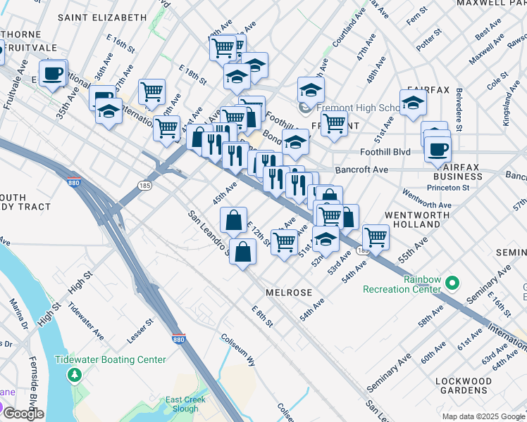 map of restaurants, bars, coffee shops, grocery stores, and more near 1234 47th Avenue in Oakland