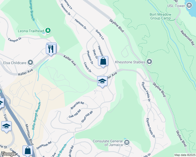 map of restaurants, bars, coffee shops, grocery stores, and more near 8177 Coach Drive in Oakland
