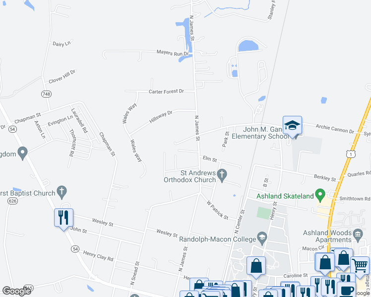 map of restaurants, bars, coffee shops, grocery stores, and more near 204 Amburn Lane in Ashland