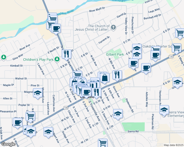 map of restaurants, bars, coffee shops, grocery stores, and more near 519 East D Street in Oakdale