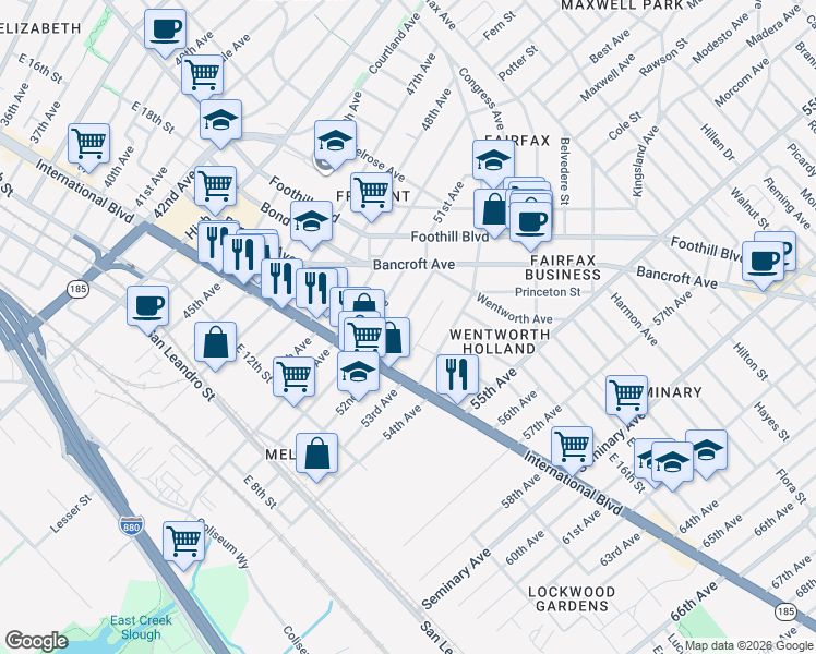 map of restaurants, bars, coffee shops, grocery stores, and more near 1506 52nd Avenue in Oakland