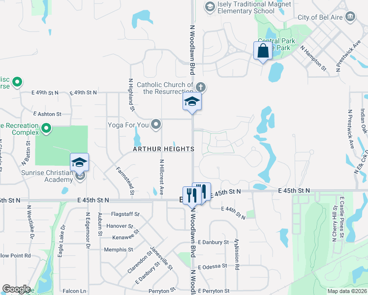 map of restaurants, bars, coffee shops, grocery stores, and more near 6348 East 47th Street North in Bel Aire