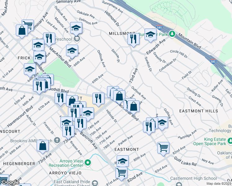 map of restaurants, bars, coffee shops, grocery stores, and more near 3340 72nd Avenue in Oakland