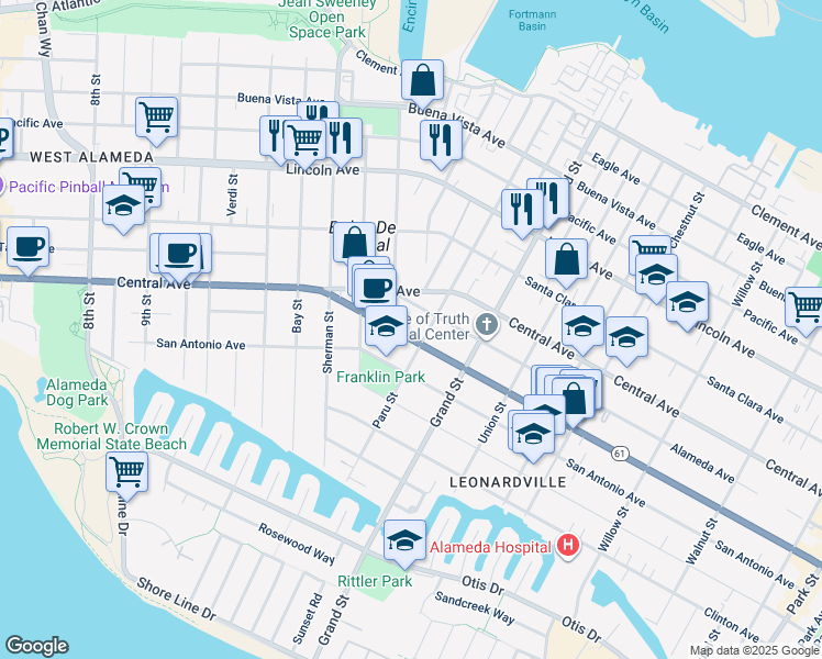 map of restaurants, bars, coffee shops, grocery stores, and more near 1519 Encinal Avenue in Alameda