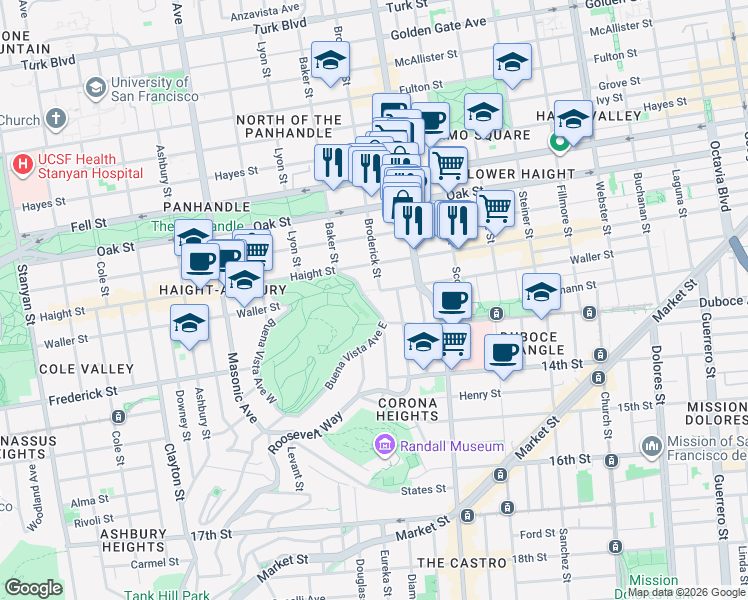 map of restaurants, bars, coffee shops, grocery stores, and more near 101 Buena Vista Avenue East in San Francisco