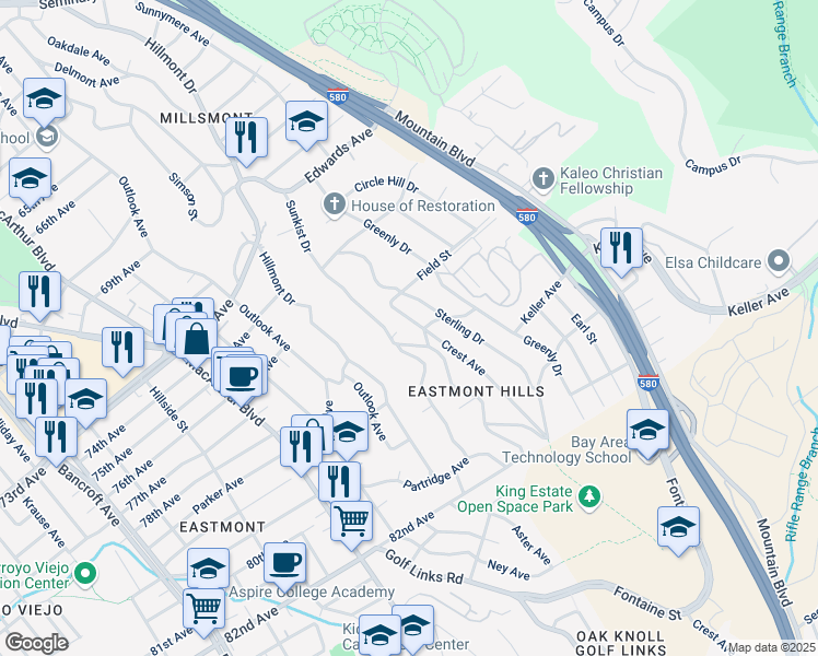 map of restaurants, bars, coffee shops, grocery stores, and more near 7749 Crest Avenue in Oakland