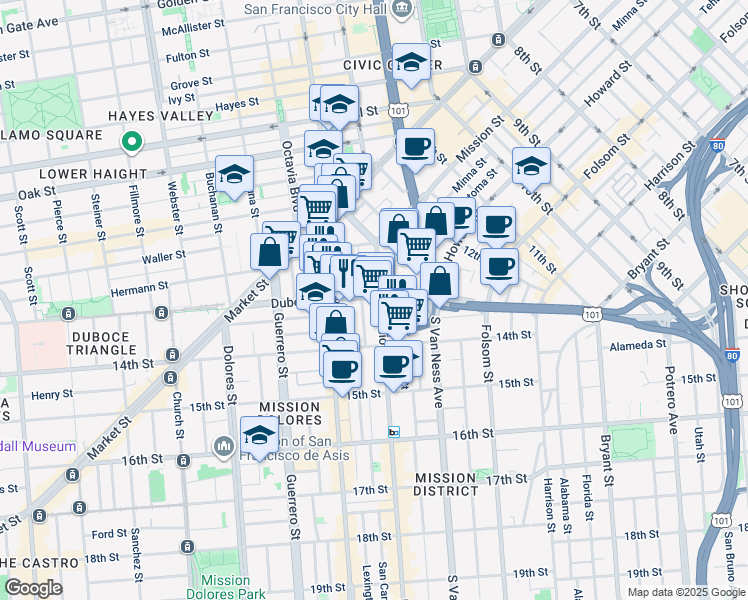 map of restaurants, bars, coffee shops, grocery stores, and more near 31 Duboce Avenue in San Francisco