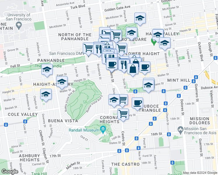 map of restaurants, bars, coffee shops, grocery stores, and more near 25A Alpine Terrace in San Francisco