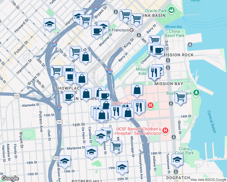 map of restaurants, bars, coffee shops, grocery stores, and more near 880 Mission Bay Drive in San Francisco