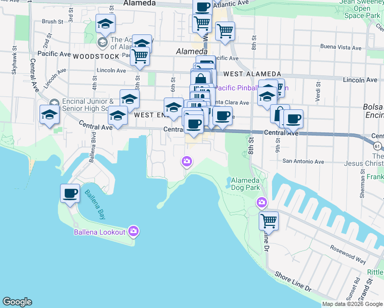 map of restaurants, bars, coffee shops, grocery stores, and more near 677 West Ranger Ave in Alameda