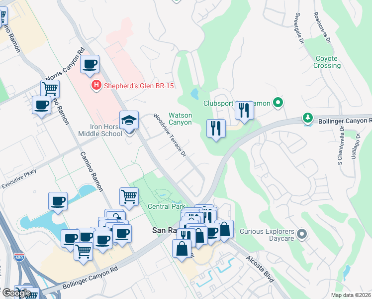 map of restaurants, bars, coffee shops, grocery stores, and more near 50 Lansford Court in San Ramon