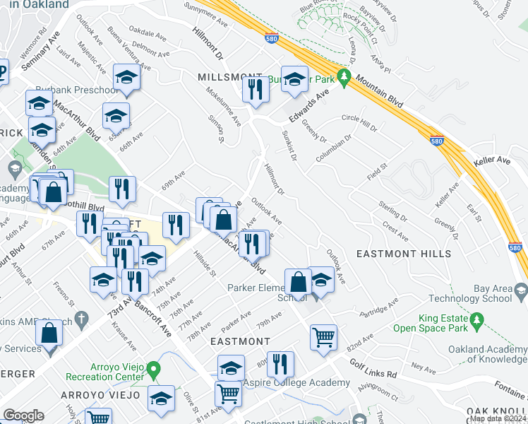 map of restaurants, bars, coffee shops, grocery stores, and more near 2956 75th Avenue in Oakland
