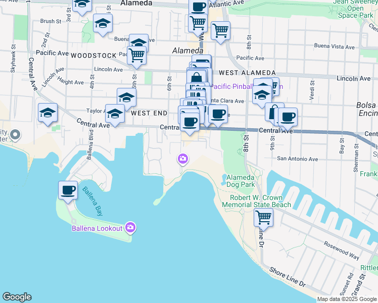 map of restaurants, bars, coffee shops, grocery stores, and more near 1321 Webster Street in Alameda