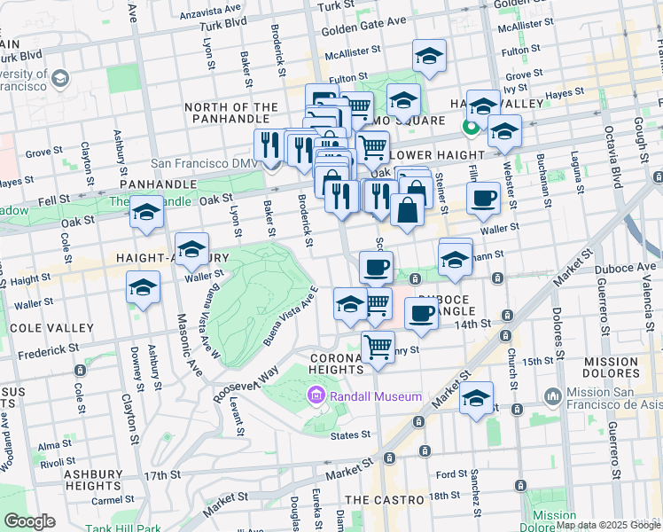 map of restaurants, bars, coffee shops, grocery stores, and more near 25A Alpine Terrace in San Francisco