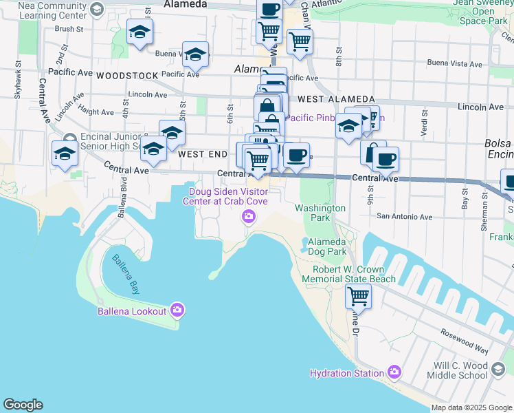 map of restaurants, bars, coffee shops, grocery stores, and more near in Alameda