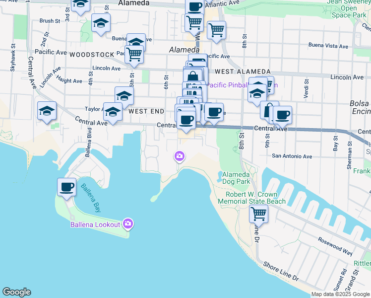 map of restaurants, bars, coffee shops, grocery stores, and more near 1331 Webster Street in Alameda