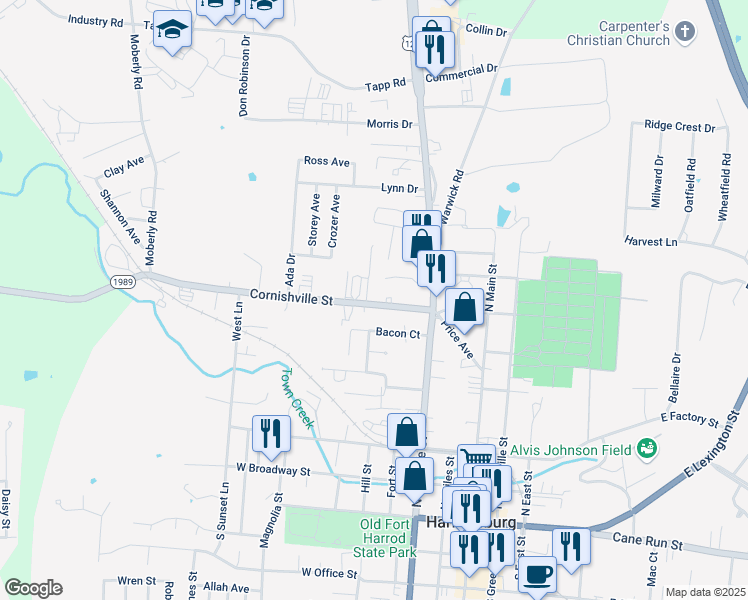 map of restaurants, bars, coffee shops, grocery stores, and more near 371 Cornishville Street in Harrodsburg