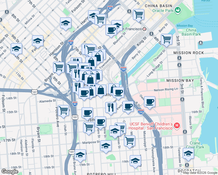 map of restaurants, bars, coffee shops, grocery stores, and more near 900 7th Street in San Francisco