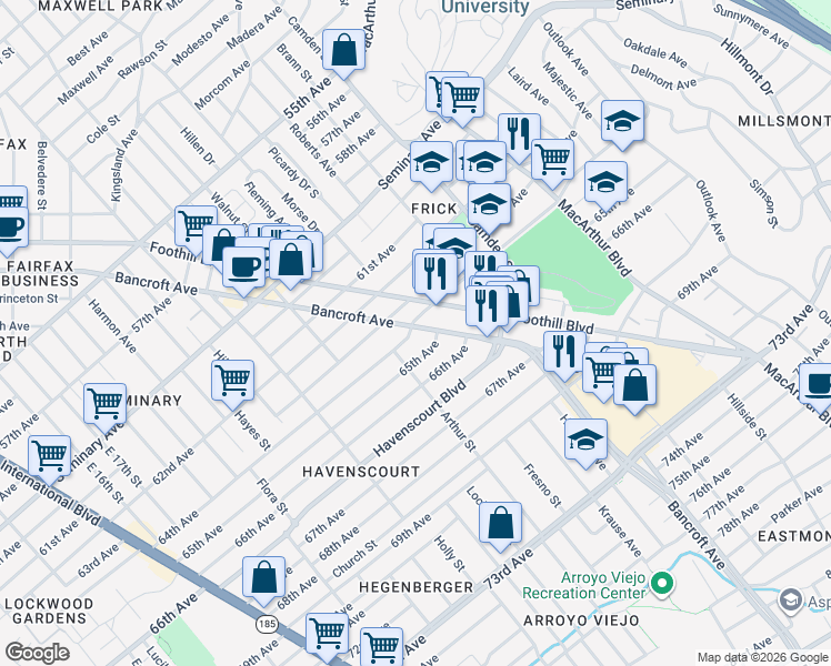 map of restaurants, bars, coffee shops, grocery stores, and more near 2641 64th Avenue in Oakland
