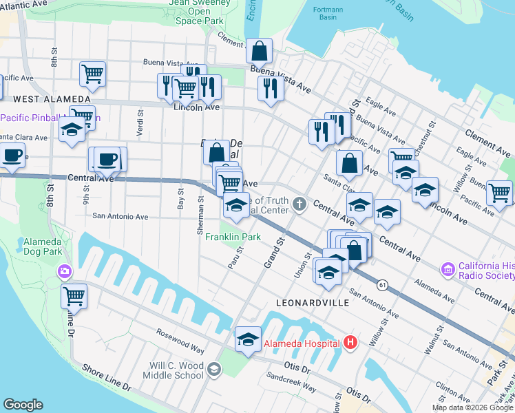 map of restaurants, bars, coffee shops, grocery stores, and more near 1519 Encinal Avenue in Alameda