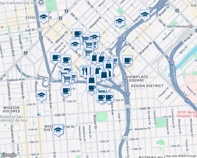 map of restaurants, bars, coffee shops, grocery stores, and more near 1201 Bryant Street in San Francisco