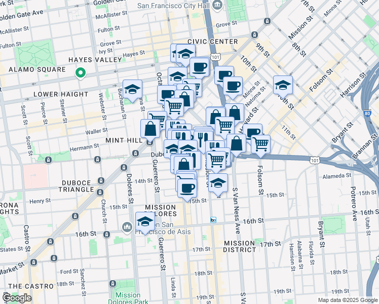 map of restaurants, bars, coffee shops, grocery stores, and more near Duboce Ave & Stevenson St in San Francisco