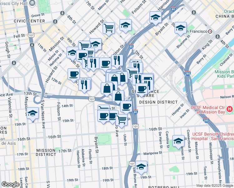 map of restaurants, bars, coffee shops, grocery stores, and more near 1000 Brannan Street in San Francisco