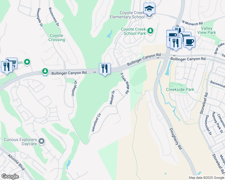 map of restaurants, bars, coffee shops, grocery stores, and more near 9336 Mediar Drive in San Ramon