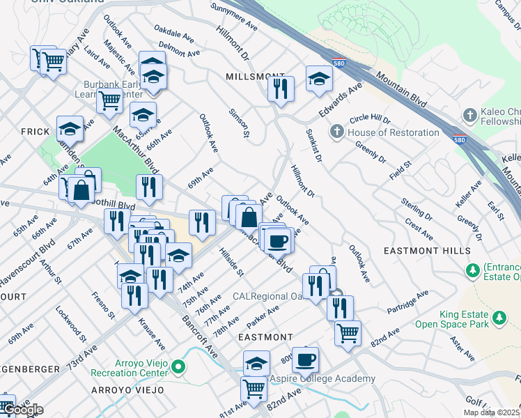 map of restaurants, bars, coffee shops, grocery stores, and more near 2914 73rd Avenue in Oakland