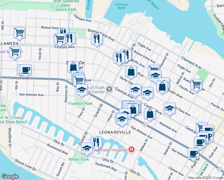 map of restaurants, bars, coffee shops, grocery stores, and more near 1704 Central Avenue in Alameda